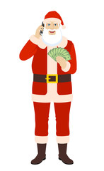 Santa Claus with cash money talking on the mobile phone
