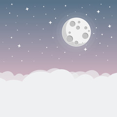 Fototapeta premium Nacht mit Mond, Wolken, und Sternen Flat Design Icon