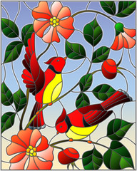 Naklejki  Illustration in stained glass style with two red birds on the branches of blooming wild rose on a background sky