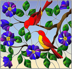 Illustration in stained glass style with two two bright red birds on the branches of blooming wild rose on a background sky