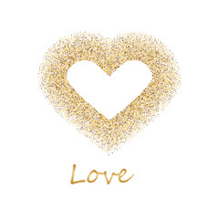 Golden frame in the shape of a heart made of golden confetti on white background.