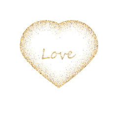 Golden frame in the shape of a heart made of golden confetti on white background.