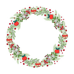 Hand drawn winter Holiday wreath. A template of greeting card design, Christmas invitation, and banner.