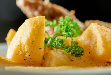 Little white bowl served with goldy fried potato slices, roasted sausage and decorated with green parsley leaves. Looks very delicious and nourisihing.