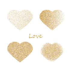 Shapes of four different hearts from golden glitter and pink scattering isolated on white. Four versions of heart logo for Valentine s day in 14 February.