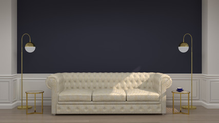 White Sofa in the room Blue Wall Classic style Contemporary furniture set 3D rendering for the...