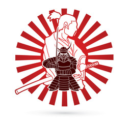 2 Samurai composition designed on sunlight background cartoon graphic vector