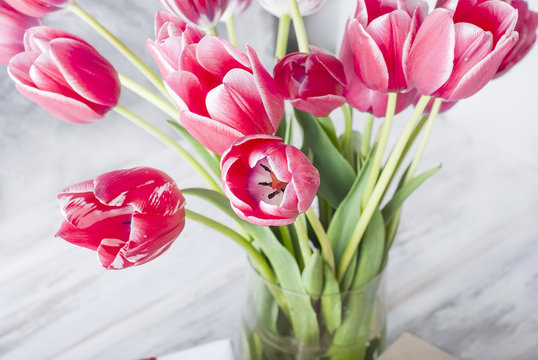 Bouquet Of Pink Tulips Closeup On Grey Background.