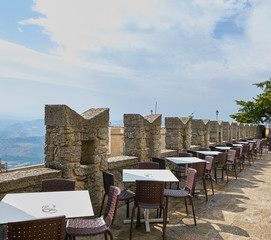 San Marino, cityscape. street cafe in the historical center..