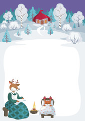 Children's background with the image of funny forest animals and winter landscape. 