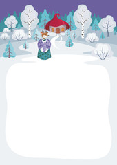 Children's background with the image of funny forest animals and winter landscape. 