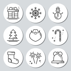 Christmas New Year icons gift round stickers. Labels xmas set. Hand drawn decorative element. Collection of holiday christmas stickers in black white. Vector illustration. Basic xmas winter elements.