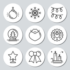 Christmas New Year icons gift round stickers. Labels xmas set. Hand drawn decorative element. Collection of holiday christmas stickers in black white. Vector illustration. Basic xmas winter elements.