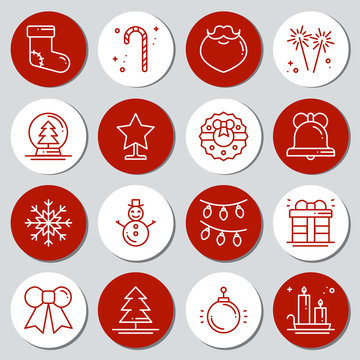Christmas New Year icons gift round stickers. Labels xmas set. Hand drawn decorative element. Collection of holiday christmas stickers in black white. Vector illustration. Basic xmas winter elements.