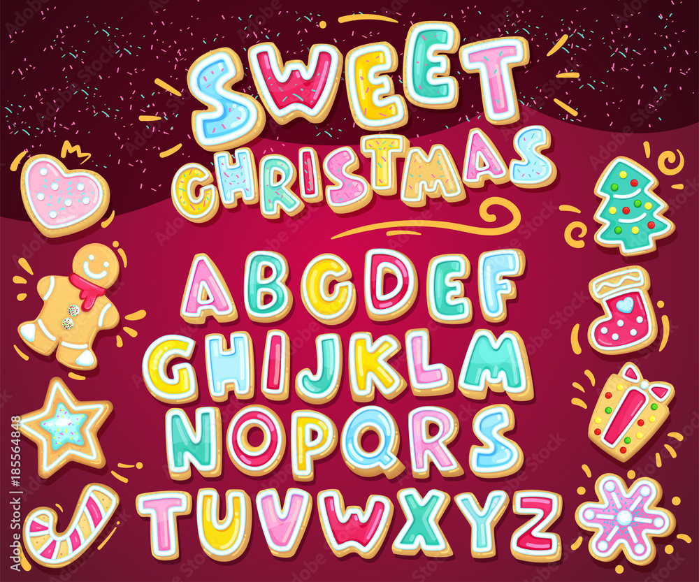 Wall mural merry christmas sweet font. vector holiday illustration set cookie letters and figured gingerbread c