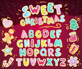 Merry christmas sweet font. Vector holiday illustration set cookie letters and figured gingerbread cookies. Heart, snowflake, fir-tree, sock, star, gift, lollipop, gingerbread man. Cartoon alphabet