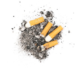 Cigarette stubs and ash isolated on white background, top view