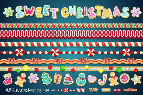 Sweet christmas design element. Border candy, cookies and and brush segments for different shapes of frames. Big vector holiday set.