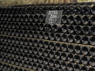 Epernay, Champagne, France. Visiting the Dom Perignon - Moet & Chandon wine cellars in  the ancient Champagne producer company. close-up of the bottles.