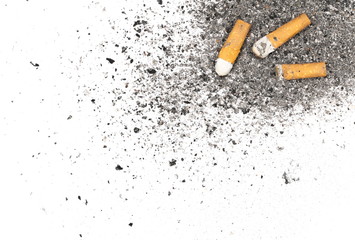 Cigarette stubs and ash isolated on white background, top view