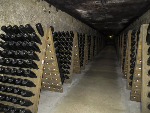 Epernay, Champagne, France. Visiting the Dom Perignon - Moet & Chandon wine cellars in  the ancient Champagne producer company.