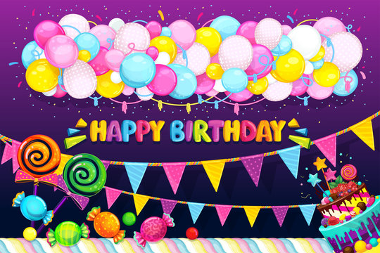 Happy Birthday vector set. Balloons, flags, candy and cake