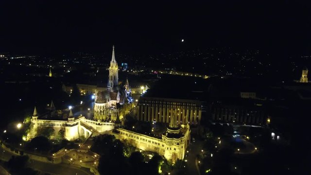 Budapest Matthias church panning shot at night aerial view, Budapest, Hungary