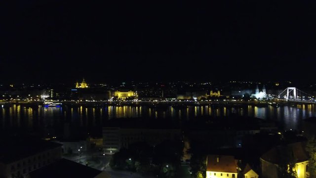 Budapest panning over the river at night, Hungary