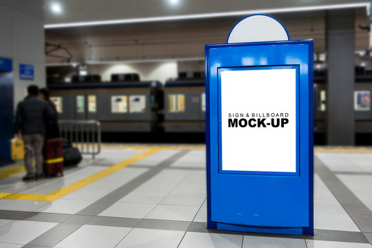 Mock Up Blank Screen On Blue Billboard At The Train Station Platform