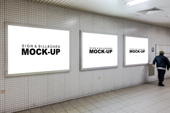 Three mock up white screen billboards in subway station