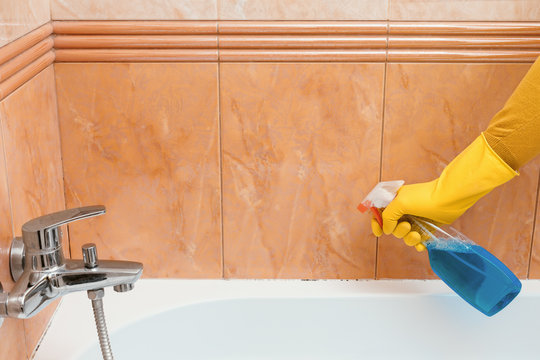 Cleaner Cleans Mold And Mildew In The Bathroom Under The Sealant