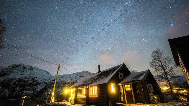 FLAM, NORWAY &ndash; FEBRUARY,2017 : Amazing timelapse of wooden cabin at night with beautiful landscape and Milky Way in view