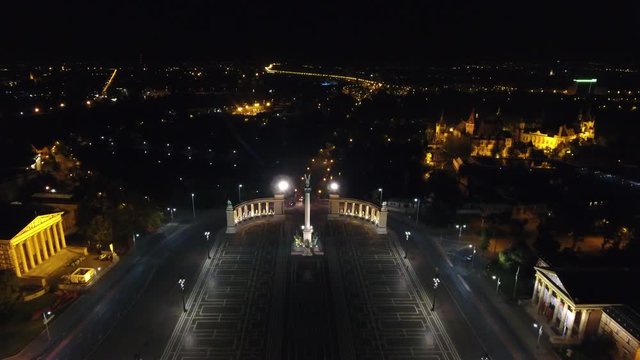 Heroes Square aerial zoom out, Budapest, Hungary