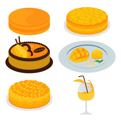 Set of Mango Cake and Dessert Isolated Vector and Icon