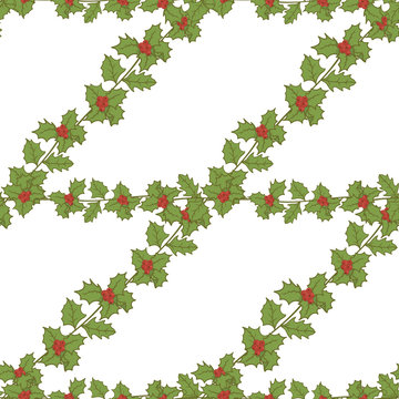Mistletoe branches vector pattern on white. Green holly leaves with red berries, Christmas subject. Seamless pattern for New Year decorations. Merry Christmas and Happy New Year traditional style.