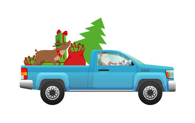 Santa Claus hurry on party. Santa driving pickup loaded with Chr