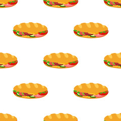 Sandwich seamless pattern, breakfast fast food. Cartoon flat style. Vector