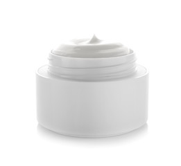 Jar with body cream on white background