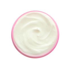 Jar with body cream on white background