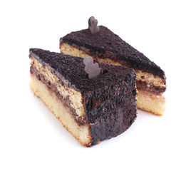 Pieces of tasty chocolate cake on white background