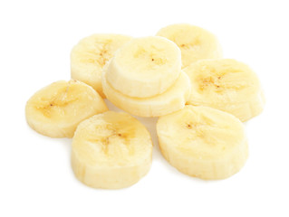 Pieces of tasty ripe banana on white background
