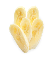 Pieces of tasty ripe banana on white background