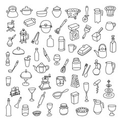 Set of 60 icons of different types of cookware. Vector illustration for your cute design.