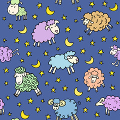 Seamless pattern with sheep in night. Can be used for textile, website background, book cover, packaging.