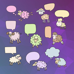 Vector set of sixteen cute sheep with speach buuble. Beautiful vector design.