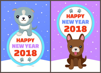 Happy New Year 2018 Dogs Set Vector Illustration
