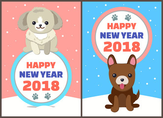 Happy New Year 2018 Dogs Set Vector Illustration