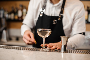 Barman with an elegant glass filled with drink