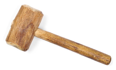 Old wooden hammer, isolated on white background, top view