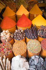 Selection of spices on a traditional Moroccan market (souk) in Marrakech, Morocco